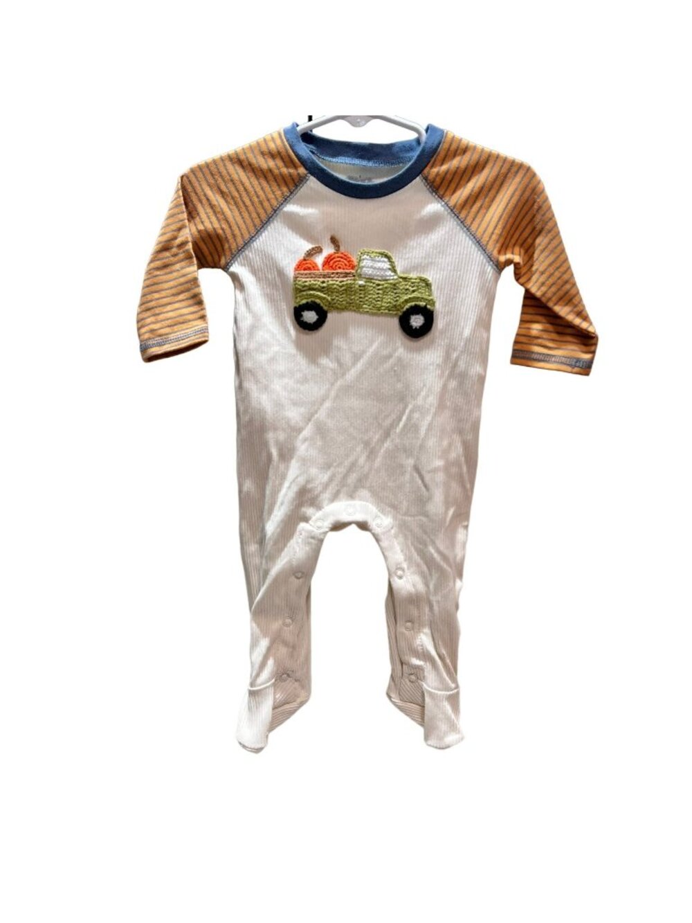 Mud Pie 6-9m NWT Crochet Truck Pumpkin Footie Romper Halloween Thanksgiving Fall
